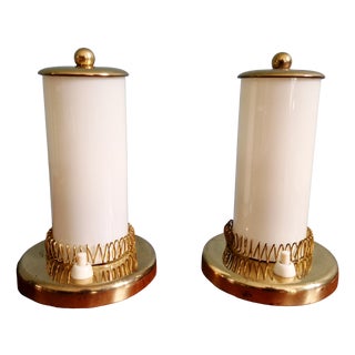 Mid-Century Modern Bedside Lamps in Brass and Cream Opaline Glass, 1950, Set of 2 For Sale