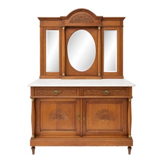 Antique French Oak Marble Top Dresser Chest With Swing Side Mirrors Circa 1920's For Sale