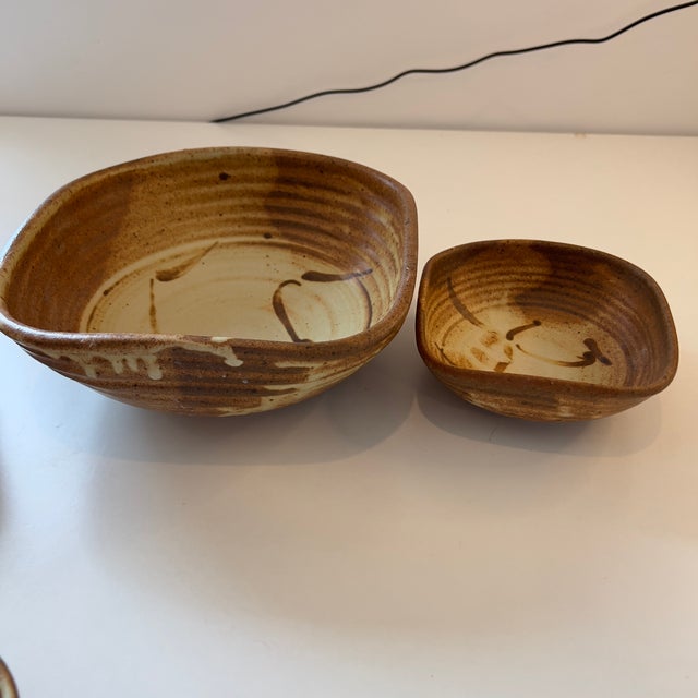 Brown Vintage Handcrafted Studio Pottery Serving Bowls in Warm Brown Glaze, Signed Skul, Set of 7 For Sale - Image 8 of 15