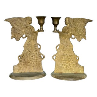 Vintage Brass Angel Figural Candlestick Holders, Pair For Sale