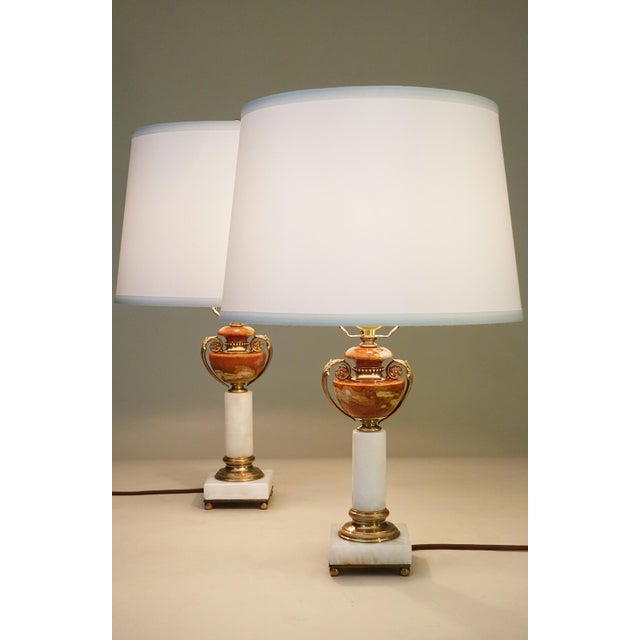 Metal 1930s French Depose Art Deco Neoclassic White/Salmon Onyx Marble Column & Urn Bronze Table Lamps - a Pair For Sale - Image 7 of 13