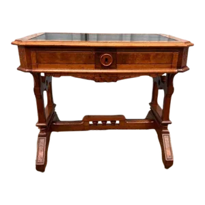 Early 20th Century Antique Victorian Style Burlwood Tooled Leather Inseted Top Writing Desk