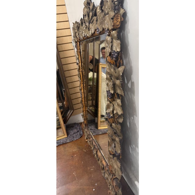 Rustic Large Continental Mirror With Beveled Glass and Grapevine Motif For Sale - Image 3 of 14
