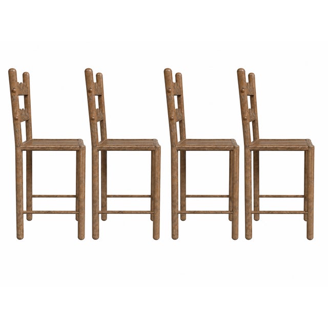 Set of 4 country French solid oak counter stools. Stools are done in a rich Antique Driftwood finish by our shop The...