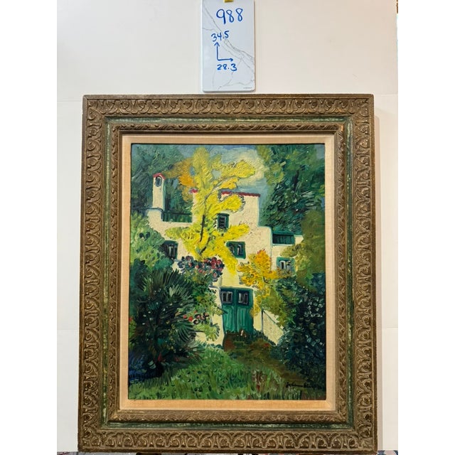 Vibrant post-impressionist oil on canvas depicting a white stucco multi-story villa with green shutters and double doors,...