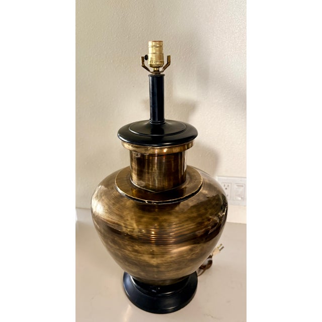 Ralph Lauren 1970's Oversized Gold Brass and Black Wood Lamp With Black Shade in the Style of Ralph Lauren For Sale - Image 4 of 13