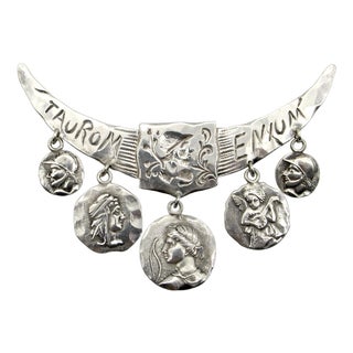 Late 19th Century Victorian Whiting Sterling Silver Etruscan/Homeric Multi-Medallion Pin For Sale