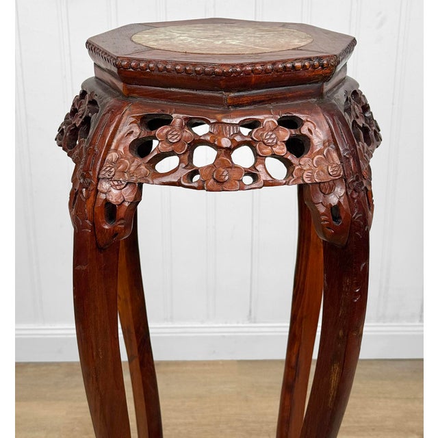 Vintage Chinese Rosewood Marble Top Carved Plant Stand Table For Sale - Image 9 of 12