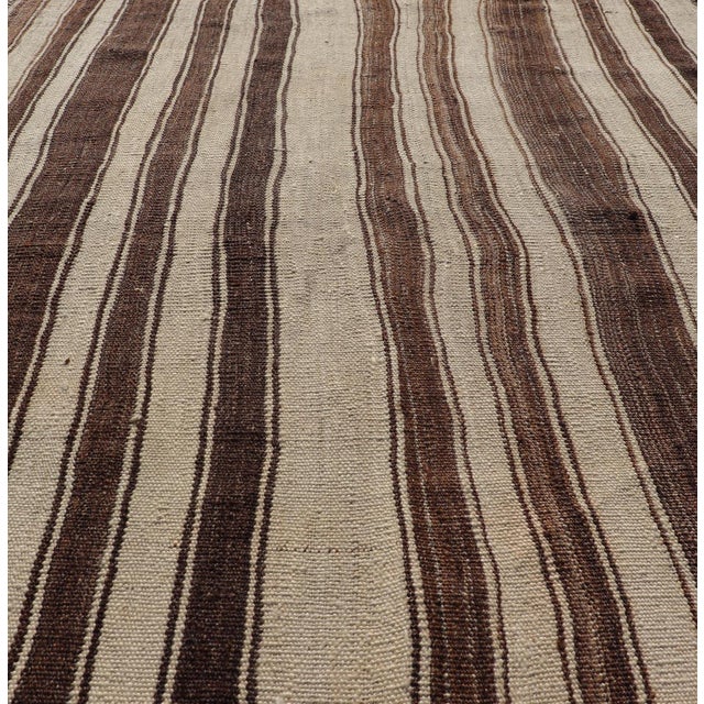 Vintage Turkish Kilim Rug in Ivory and Deep Brown Striped Design For Sale In Atlanta - Image 6 of 10
