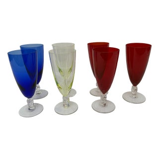 Mid-Century Baccarat Multi-Color Crystal Wine Glasses with Twisted Stems, France, 1960s, Set of 7 For Sale