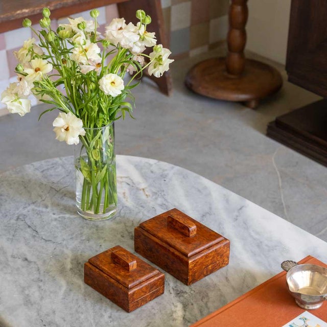 Art Deco decorative wood box from France, 1930s. Rectangular wood box and lid with painted burl wood pattern. Original...