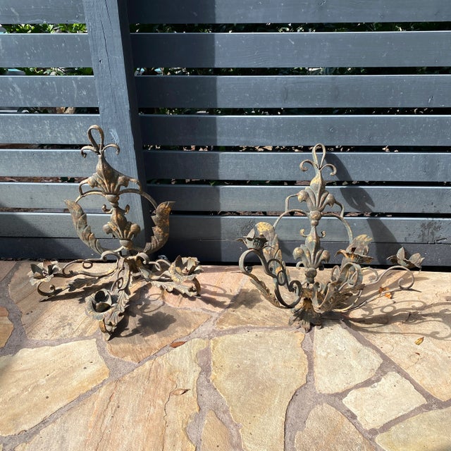 1960s Italian Style Gilt Iron Candlestick Sconces- a Pair For Sale In Atlanta - Image 6 of 10