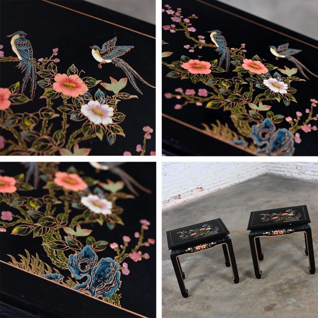 Late 20th to Early 21st Century Distressed Chinoiserie Pair Black Lacquered End or Side Tables Ming Style Feet For Sale - Image 11 of 12