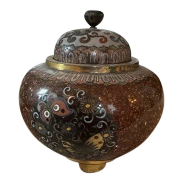 Antique Late Meiji Period Japanese Cloisonne Enamel and Brass Censor or Koro For Sale