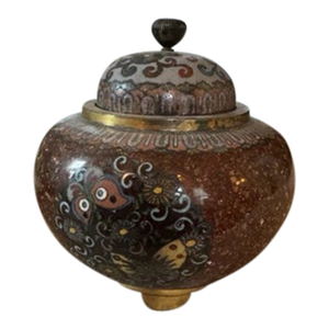 Antique Late Meiji Period Japanese Cloisonne Enamel and Brass Censor or Koro
