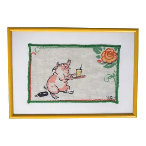 Mid 20th Century Tony Sarg Pink Piglet Cocktail Napkin With Yellow Metal Frame