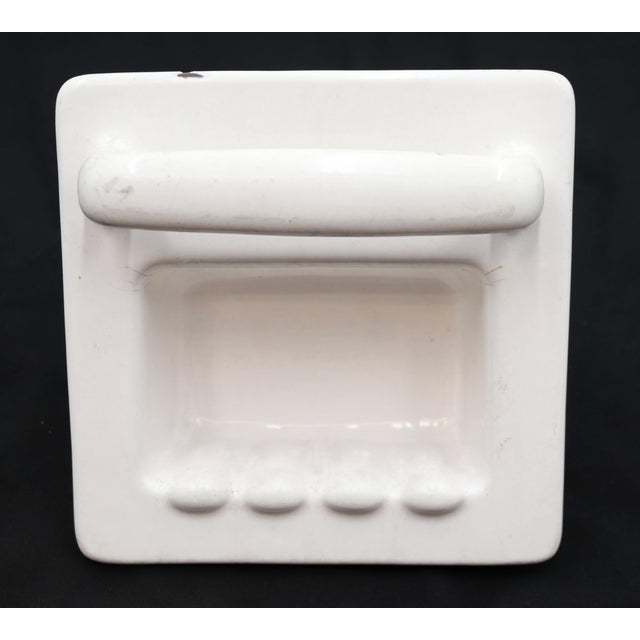 Antique cast iron bathroom soap dish with a white porcelain finish and handle. Good condition with surface wear and chips...