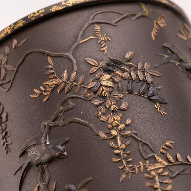 Antique Japanese Meiji Inlaid Bronze Cylindrical Brush Pots, 19th Century, Set of 2 For Sale - Image 13 of 18