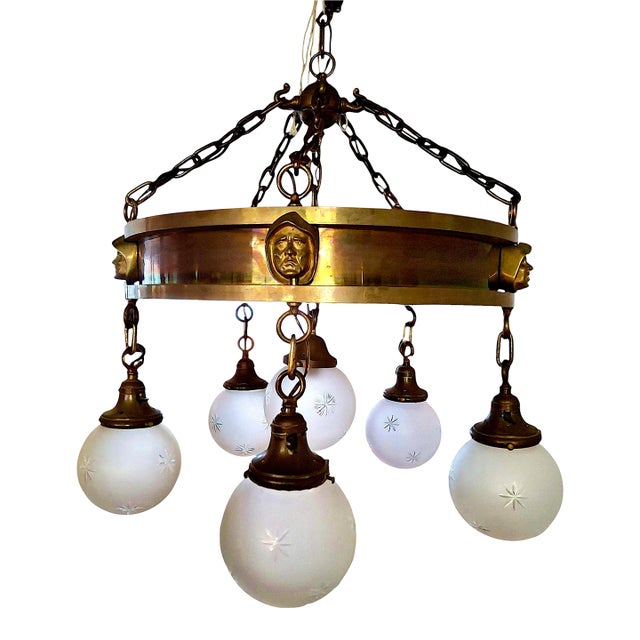 An Antique Arts & Crafts Six-Light Chandelier With Circular Brass Band For Sale