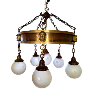 An Antique Arts & Crafts Six-Light Chandelier With Circular Brass Band