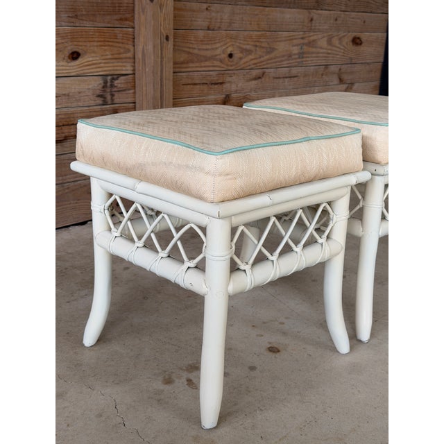 Vintage Coastal Rattan Ottomans or Footstools With Lattice Detail – Pair For Sale - Image 10 of 12