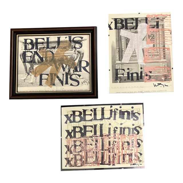 Contemporary 3 Original Wayne Cunningham Abstract Collage/Paintings “Belli Fini End War” Framed-Set of 3 For Sale