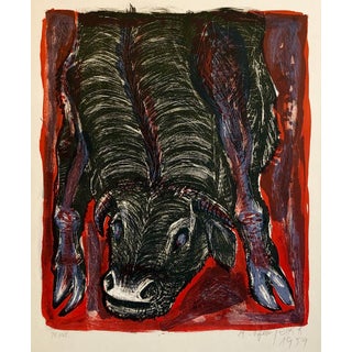 Avraham Ofek, 1959 Israeli Avraham Ofek Leviathan Modernist Lithograph, Bull, Bezalel School, c.1959 For Sale
