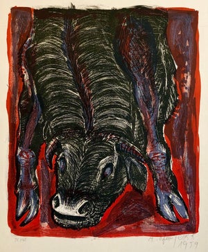 Avraham Ofek, 1959 Israeli Avraham Ofek Leviathan Modernist Lithograph, Bull, Bezalel School, c.1959