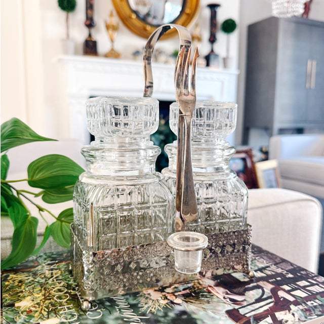 Antique English Silver Plated & Cut Glass Pickle Jars Pair in Original Caddy With Fork For Sale - Image 11 of 11