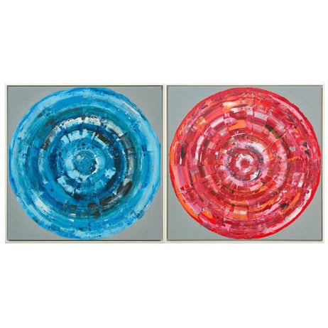 Bernhard Lang, Blue and Red Circles on Gray, Paintings on Canvas, Framed, Set of 2 For Sale
