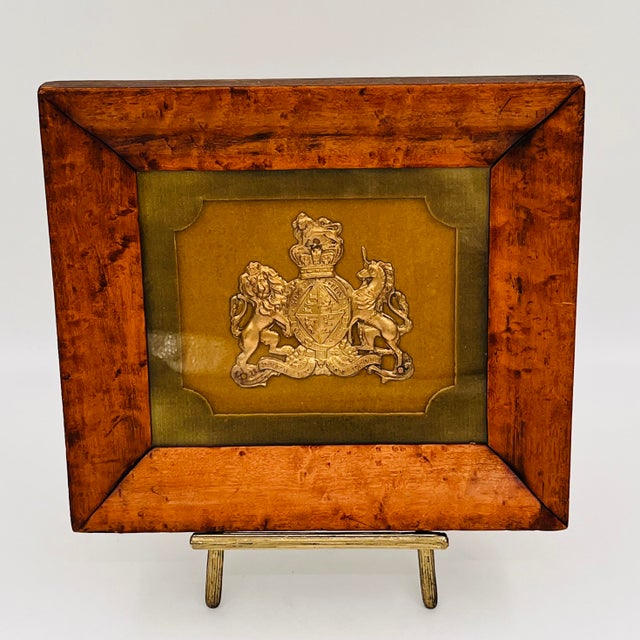 Vintage Framed English Brass Royal Coat of Arms in Burlwood Frame With Green Velvet Mat For Sale - Image 11 of 16