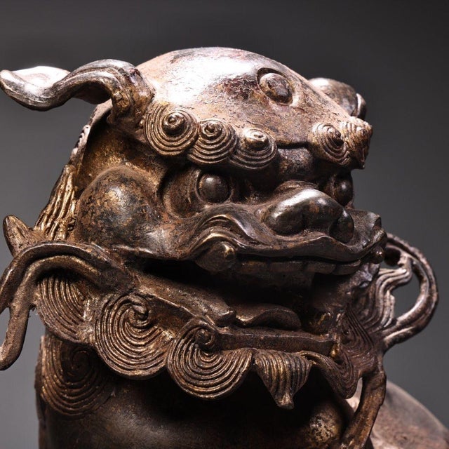 Metal Pair of Antique Gilt Bronze Guardian Lion Figurines, 7400g Total, High Relief For Sale - Image 7 of 10