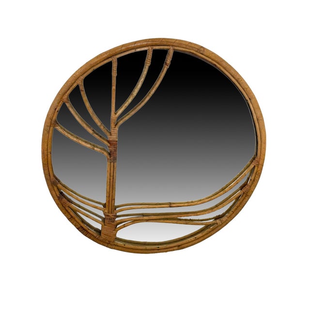 Franco Albini Vintage Rattan Round Mirror - Large Boho Style For Sale - Image 4 of 6