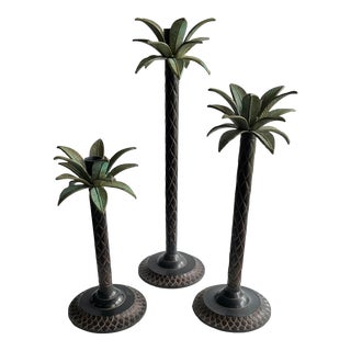 Vintage Graduated Metal Palm Tree Candle Sticks / Candle Holders- Set of 3 For Sale