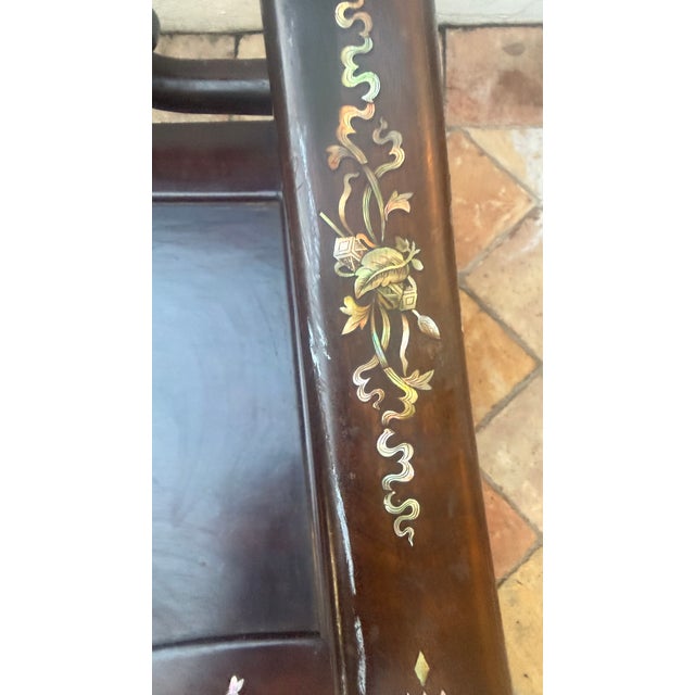 Vintage Chinese Hardwood Armchair With Mother-of-Pearl Inlay and Carved Longevity Motifs For Sale - Image 11 of 15