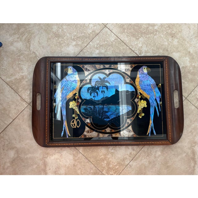 Art Deco Vintage Brazilian Tray With Butterfly Wing Mosaic and Parrots For Sale - Image 3 of 9