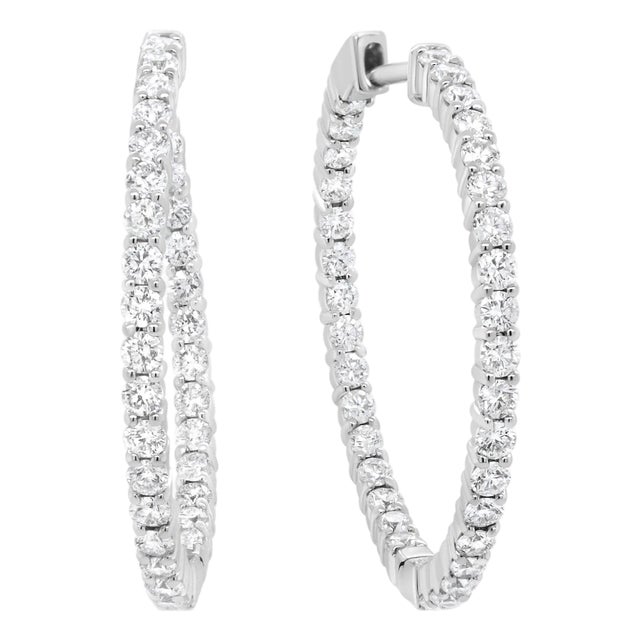 18K White Gold 3 5/8 Cttw Round Diamond Curved Inside-Outside Hoop Earrings, A Pair For Sale