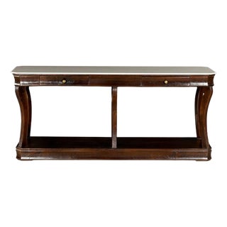 Long Timber Side Board With Marble Top and Drawers With Brass Pulls For Sale