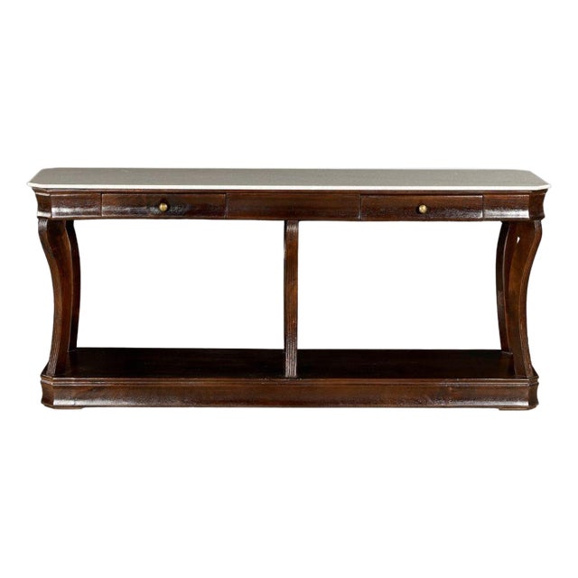 Long Timber Side Board With Marble Top and Drawers With Brass Pulls For Sale