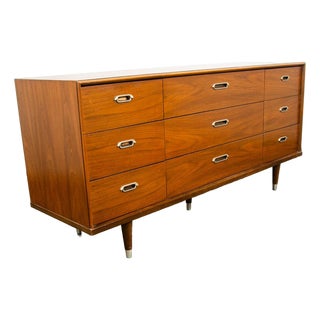 Mid Century Modern Dresser Credenza Bp John Metal 9 Drawer Walnut Vintage MCM Nm For Sale