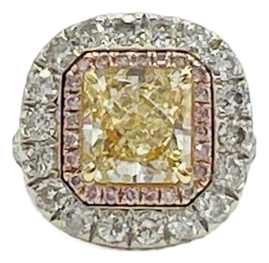 5 Carat Yellow Diamond Radiant Ring in 18k 2 Tone Gold, Size 5.5