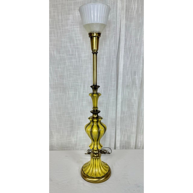 Hollywood Regency Vintage Hollywood Regency Brass & Saffron Yellow Torchiere Table Lamp For Sale - Image 3 of 11
