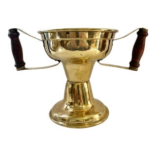 Antique Victorian Brass Coal Hod / Ember Carrier With Wood Handles – Pedestal Fireplace Hearth Vessel For Sale