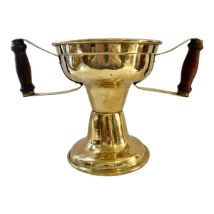 Antique Victorian Brass Coal Hod / Ember Carrier With Wood Handles – Pedestal Fireplace Hearth Vessel