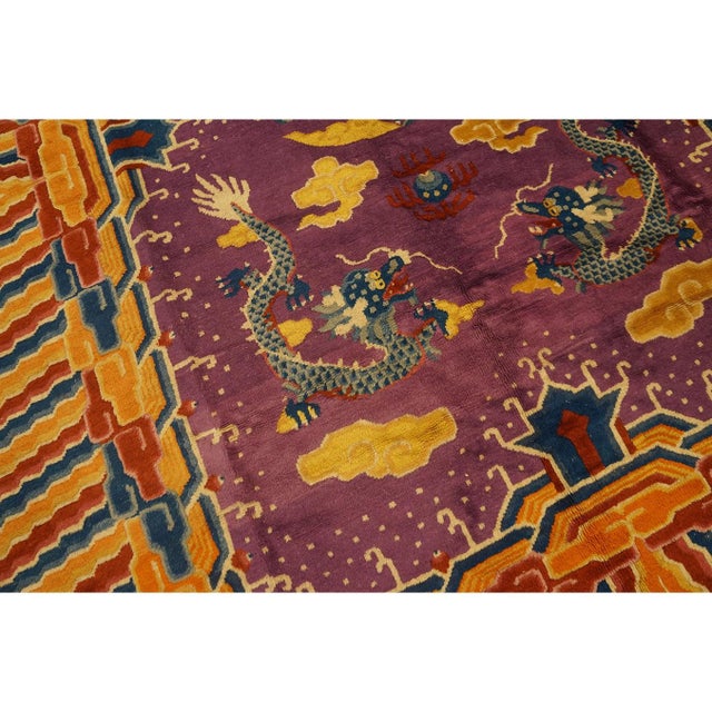 Rare 19th C. Chinese Dragon Ningxia Rug in Moody Purple and Orange C. 1890 (6x9) For Sale In New York - Image 6 of 10