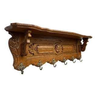 Vintage French Oak Wall Mounted Coat Rack For Sale