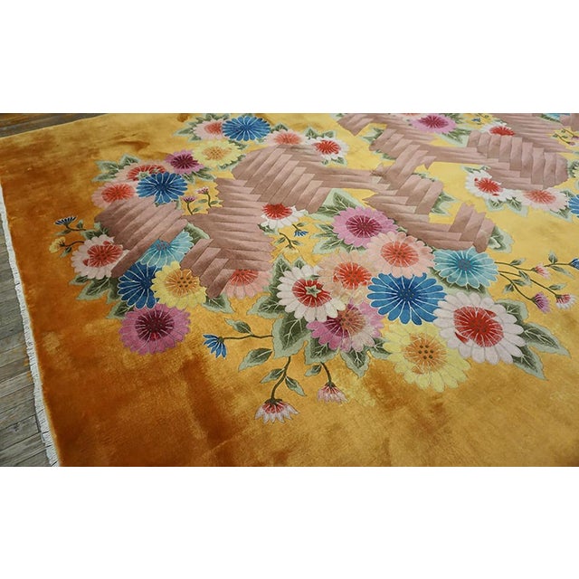 Saffron 1930s Antique Yellow-Saffron Floral Modern Antique Chinese Art Deco Carpet Rug For Sale - Image 8 of 13