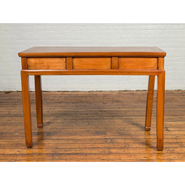 Mid 20th Century Vintage Chinese Elm Desk with Three Drawers, Iron Hardware and Swirling Motifs For Sale - Image 5 of 13