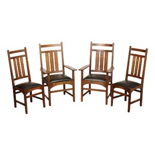 Stickley Mission Collection Set of Four Harvey Ellis Inlaid Oak Dining Chairs For Sale