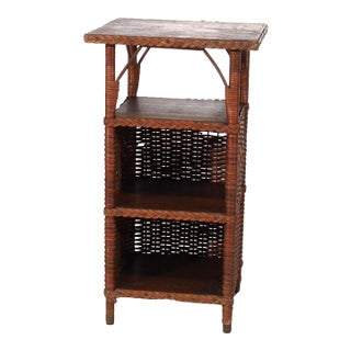 1920s Antique Heywood Wakefield Attributed Arts & Crafts Oak & Wicker Magazine Stand For Sale